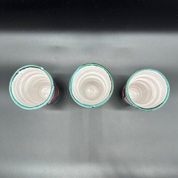 Art Pottery Tumblers Cups Redware Abstract Colorful Signed KE Handmade Painted - Picture 6 of 11